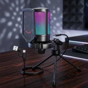 FIFINE Gaming USB Microphone for PC PS5, Condenser Mic with Quick Mute, RGB Indicator, Tripod Stand, Pop Filter, Shock Mount, Gain Control for Streaming Discord Twitch Podcasts Videos- AmpliGame