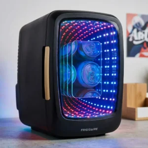 Frigidaire Gaming Light Up Mini Beverage Refrigerator, 6 can, 4 liters, Cooler with large see through door and LED lights Perfect for Gaming Experience, Home, Office, or Cars.12V Charger (Stealth)
