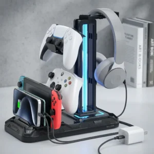 KDD Headset Stand with Charging Station - Detachable Controller Holder with 9 Light Modes - Rotatable Headphone Hanger with USB A&C Charger Ports - Earphone Hook for PC Gaming Accessories Storage